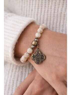 Lenny & Eva Antiqued Brass Charm Bracelet Cross Faith Religious Beaded Stretch